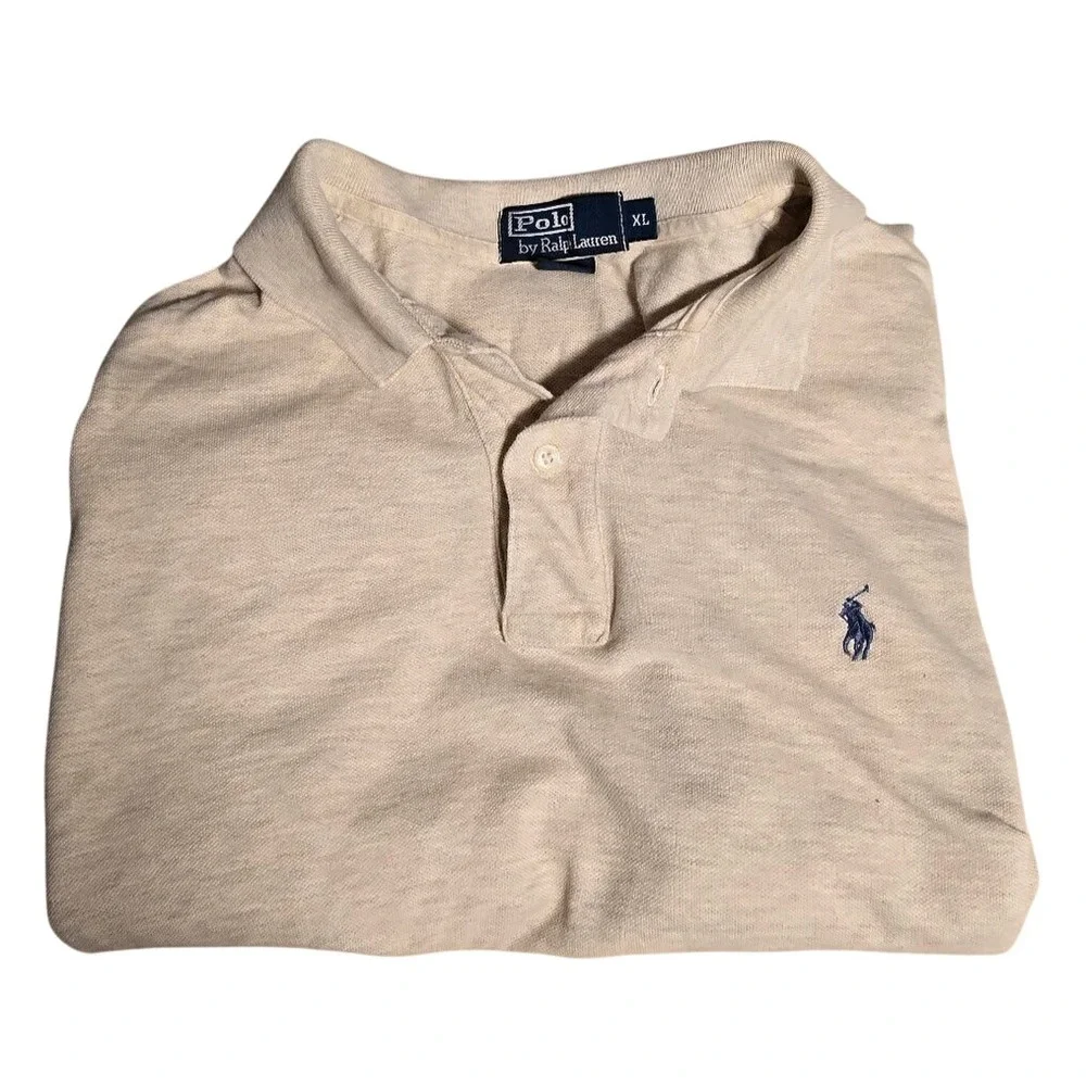 Polo Ralph Lauren Mens XL Long Sleeve Polo Shirt Tan Beige Cotton Pique Pony